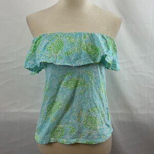 Lilly Pulitzer Wiley Ruffle Top S Blue Green White Print Strapless